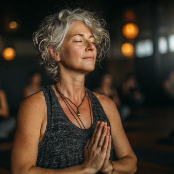 Idős nő jógázik a nappaliban