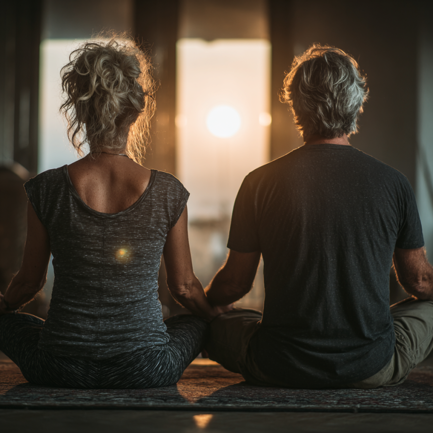 Idős emberek csoportos jóga órán