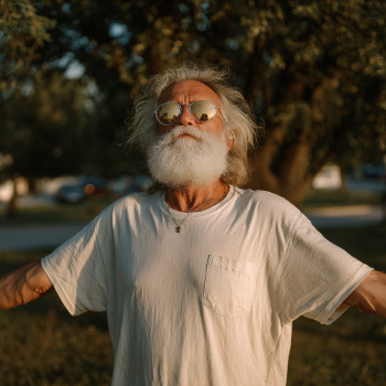 Idős pár jógázik a kertben